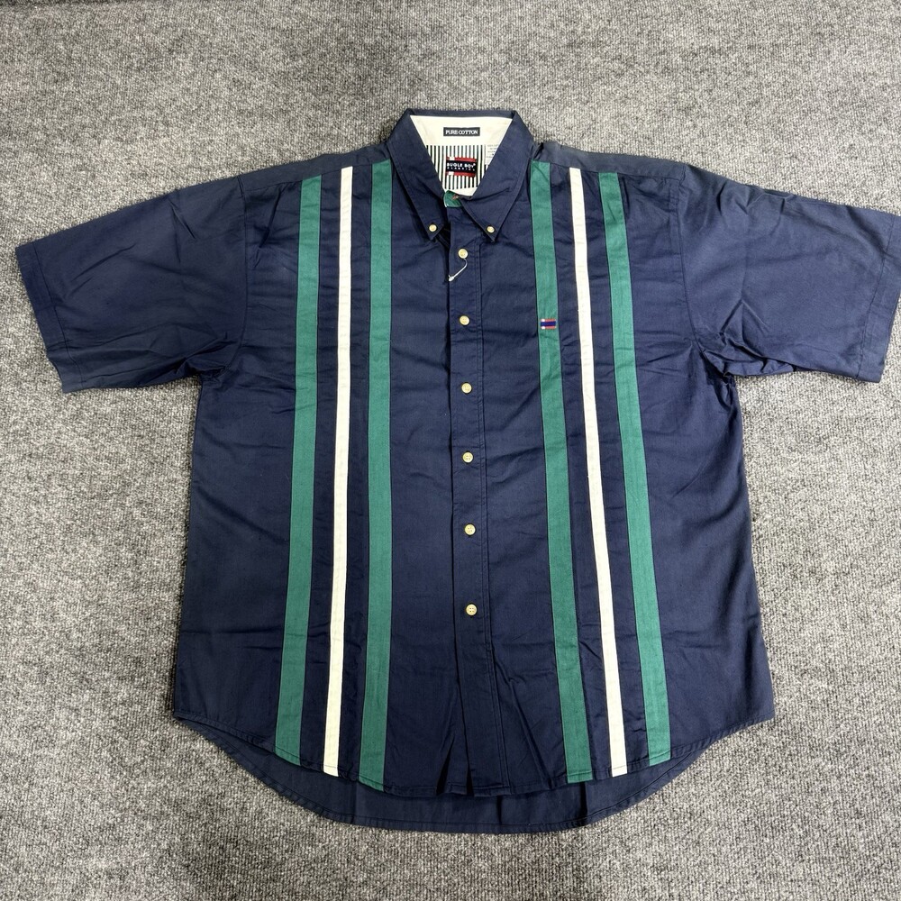 Vintage Bugle Boy Classics Mens Button Down Shirt XXL Navy Green Striped 90s